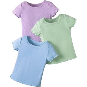 WDIRARA Toddler Girl's 3 Pack Round Neck Short Sleeve Lettuce Trim Rib Knit Tee T Shirt