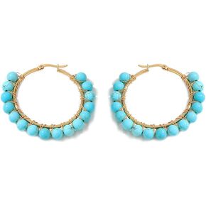 Dainty Natural Stone Beaded Large Big Hoop Earrings for Women Girls 18K Real Gold Plated Boho Colorful Ball Huggie Hoops Round Circle Hooped Hypoallergenic Minimalist Fashion Jewelry Gifts
