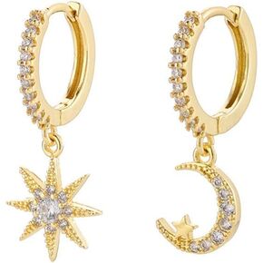 Silver Moon Star Dangle Hoop Earrings for Women Girls with Charms Asymmetrical Cubic Zirconia Starlit Crescent Diamond Drop Cartilage Huggie Hoops Cute Birthday Wedding Party Jewelry Gift