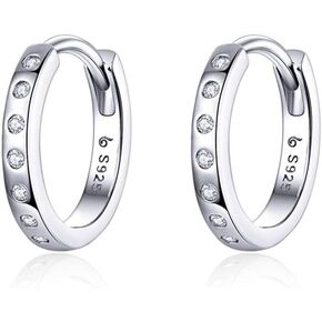CZ Small Hoop Earrings for Women Teen Girls 925 Sterling Silver Cubic Zirconia Cuff Cartilage Pierced Ear Tiny Hinged Huggie Diamond Hoops Hypoallergenic Jewelry Wedding Birthday Gift 9mm