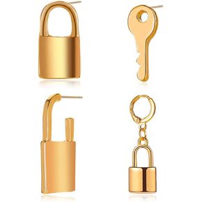 ANDPAI 4 pcs Asymmetric Silver Key Lock Shape Hoop Dangle Drop Earrings Gold Minimalist Geometric Hypoallergenic Huggie Stud Earring Sets for Women Girls Statement Jewelry Gifts