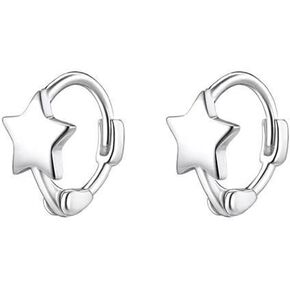 Cute Tiny Star 925 Sterling Silver Cartilage Tragus Small Hoop Earrings for Women Teen Girls Little Mini Sleeper Huggie Hoops 2nd Hole Minimalist Hypoallergenic Piercing Fashion Jewelry Gifts Daughter Her Birthday Xmas 7mm