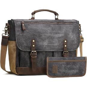 Wogarl 2PCS Mens Messenger Bag 15.6 Inch Genuine Leather Waxed Canvas Computer Laptop Bag Briefcase Satchel Shoulder Bag