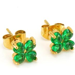 Four Leaf Clover Stud Earrings for Women Girls 18K Gold Plated Stainless Steel Small Green CZ Shamrock ST Patricks Day Irish Cartilage Studs Earrings Jewelry