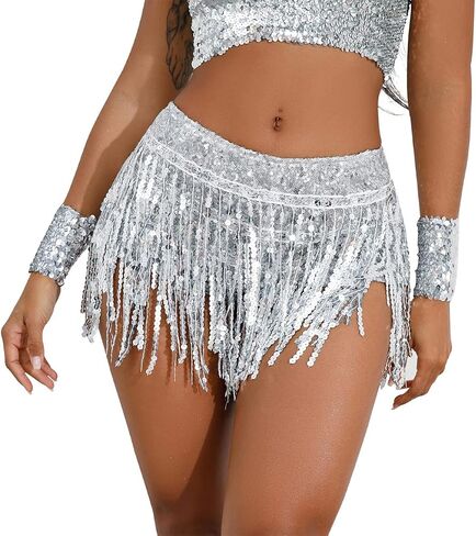 IWEMEK Belly Dance Hip Skirt Women Sequin Tassel Skirts Shorts Booty Dance Festival Bottoms Sequin Skirt with Sparkly Fringe in Saudi Arabia