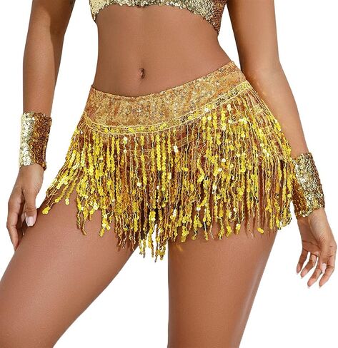 IWEMEK Belly Dance Hip Skirt Women Sequin Tassel Skirts Shorts Booty Dance Festival Bottoms Sequin Skirt with Sparkly Fringe in Saudi Arabia