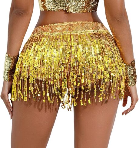 IWEMEK Belly Dance Hip Skirt Women Sequin Tassel Skirts Shorts Booty Dance Festival Bottoms Sequin Skirt with Sparkly Fringe in Saudi Arabia