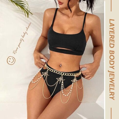 سلاسل الجسم ذات طبقات من لؤلؤ ريتان وسلسلة خصر على شكل فراشة ذهبية وسلسلة بطن للحفلات وإكسسوارات مجوهرات عصرية للنساء والفتيات in Kuwait