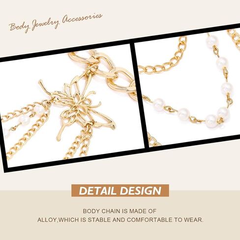 سلاسل الجسم ذات طبقات من لؤلؤ ريتان وسلسلة خصر على شكل فراشة ذهبية وسلسلة بطن للحفلات وإكسسوارات مجوهرات عصرية للنساء والفتيات in Kuwait