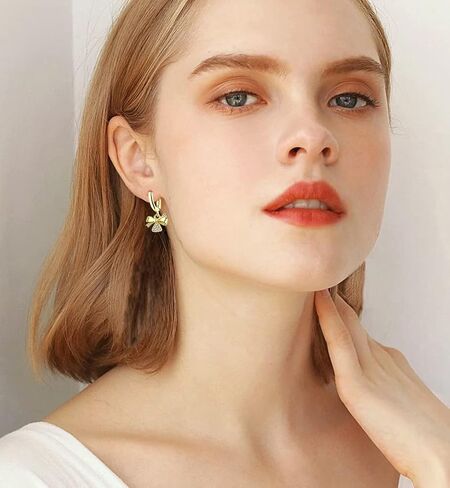 Fashion Bow Knot Dangle Hoop Earrings Cubic Zirconia Crystal Charm Drop Cartilage Small Huggie Hoops Earring Cute Christmas Birthday Jewelry Gifts for Women Teen Girls Daughter in Saudi Arabia