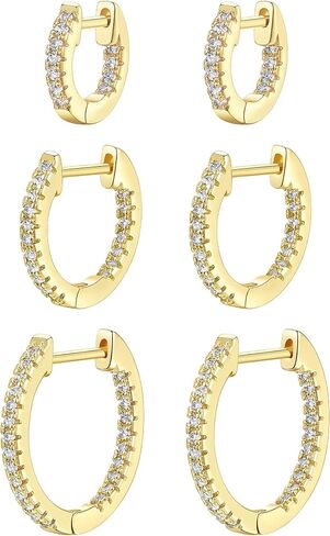 Besalon Gold Huggie Hoop Cubic Zirconia Earrings Set for Women, 3 Pairs 14K Gold Plated Small Thin Cartilage Hypoallergenic Inside Out CZ Multiple Piercing Earrings for Teen Girls Trendy Jewelry Gift 12mm 16mm 20mm White/Black/Rainbow/Red/Turquoise/Dark G in Saudi Arabia