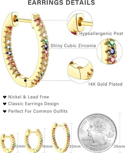 Besalon Gold Huggie Hoop Cubic Zirconia Earrings Set for Women, 3 Pairs 14K Gold Plated Small Thin Cartilage Hypoallergenic Inside Out CZ Multiple Piercing Earrings for Teen Girls Trendy Jewelry Gift 12mm 16mm 20mm White/Black/Rainbow/Red/Turquoise/Dark G in Saudi Arabia
