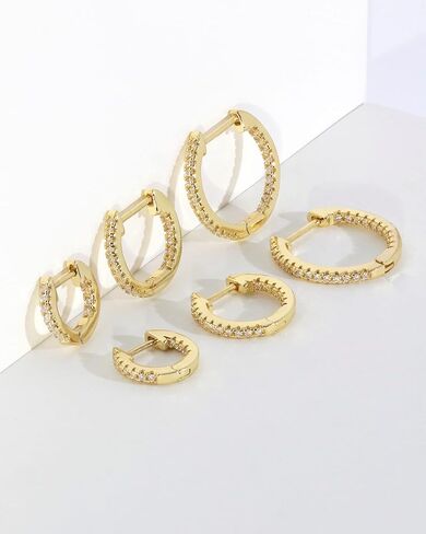 Besalon Gold Huggie Hoop Cubic Zirconia Earrings Set for Women, 3 Pairs 14K Gold Plated Small Thin Cartilage Hypoallergenic Inside Out CZ Multiple Piercing Earrings for Teen Girls Trendy Jewelry Gift 12mm 16mm 20mm White/Black/Rainbow/Red/Turquoise/Dark G in Saudi Arabia