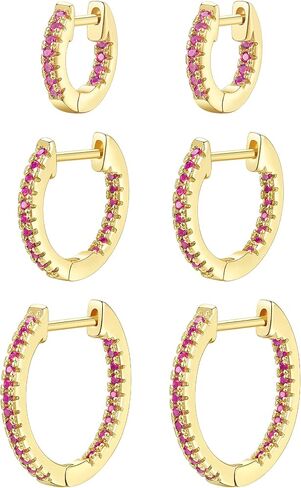 Besalon Gold Huggie Hoop Cubic Zirconia Earrings Set for Women, 3 Pairs 14K Gold Plated Small Thin Cartilage Hypoallergenic Inside Out CZ Multiple Piercing Earrings for Teen Girls Trendy Jewelry Gift 12mm 16mm 20mm White/Black/Rainbow/Red/Turquoise/Dark G in Saudi Arabia