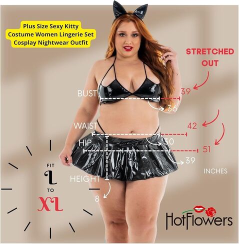 Plus Size Sexy Kitty Vinyl Costume Women Lingerie Set Cosplay Nightwear Outfit Black in Kuwait