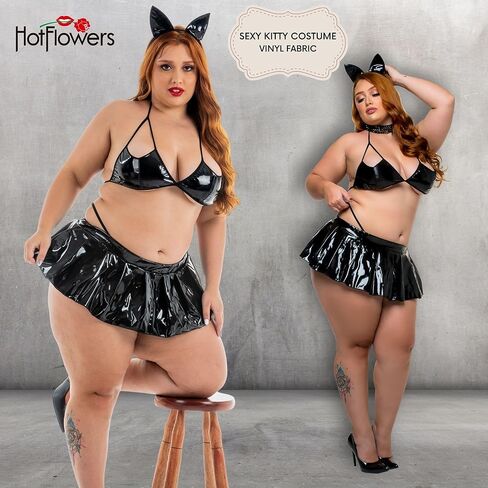 Plus Size Sexy Kitty Vinyl Costume Women Lingerie Set Cosplay Nightwear Outfit Black in Kuwait