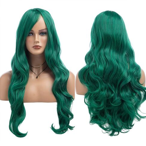 RicHyun Green Wig Womens Long Curly Wavy Green Wig Body Wave Side Part Synthetic Hair Full Wig for Daily Party Cosplay Halloween in Saudi Arabia