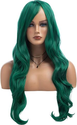 RicHyun Green Wig Womens Long Curly Wavy Green Wig Body Wave Side Part Synthetic Hair Full Wig for Daily Party Cosplay Halloween in Saudi Arabia