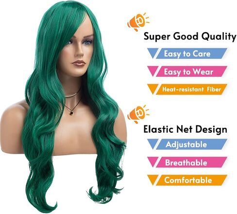 RicHyun Green Wig Womens Long Curly Wavy Green Wig Body Wave Side Part Synthetic Hair Full Wig for Daily Party Cosplay Halloween in Saudi Arabia