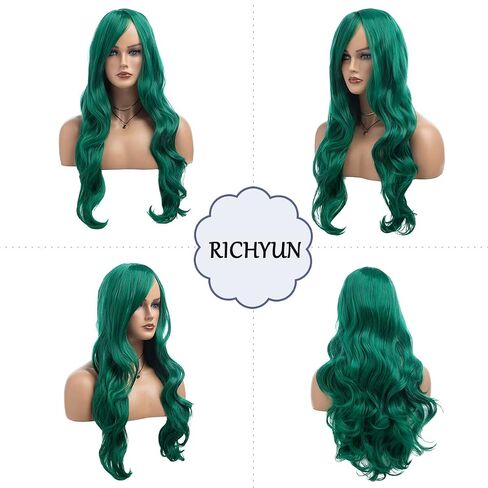 RicHyun Green Wig Womens Long Curly Wavy Green Wig Body Wave Side Part Synthetic Hair Full Wig for Daily Party Cosplay Halloween in Saudi Arabia