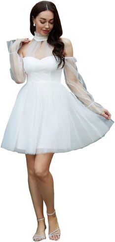 Lin Lin Q Women’s Formal Tulle Cold Shoulder Midi Prom Dress, Long Flounce Sleeve Evening Gown in Saudi Arabia