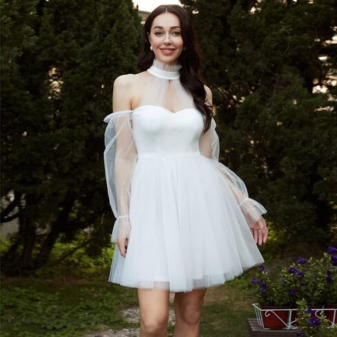 فستان Lin Lin Q نسائي رسمي من التول متوسط ​​الطول للحفلات الراقصة، فستان سهرة طويل الأكمام in Kuwait