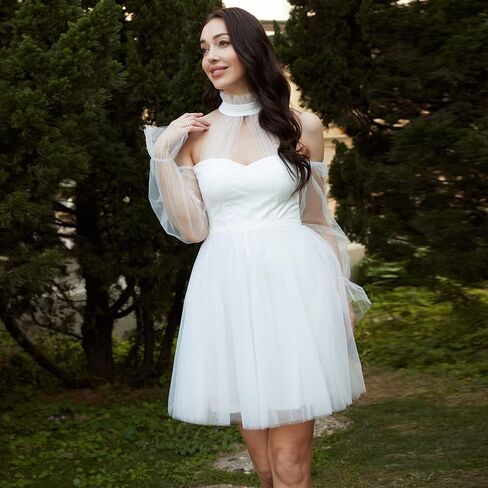 فستان Lin Lin Q نسائي رسمي من التول متوسط ​​الطول للحفلات الراقصة، فستان سهرة طويل الأكمام in Kuwait