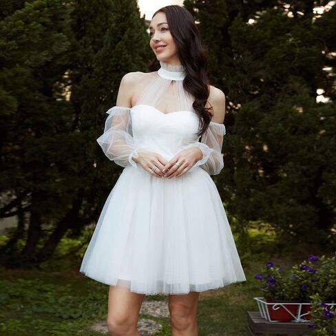 فستان Lin Lin Q نسائي رسمي من التول متوسط ​​الطول للحفلات الراقصة، فستان سهرة طويل الأكمام in Kuwait