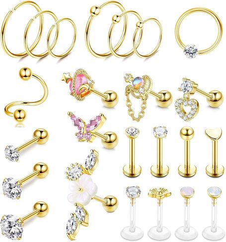 JeryWe 24 قطعة 16 جرام أقراط الغضروف للنساء والرجال الجراحية الصلب الزنمة ثقب المجوهرات الغضروف أقراط هوب هيليكس دايث محارة أقراط ثقب المجوهرات in Kuwait