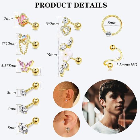 JeryWe 24 قطعة 16 جرام أقراط الغضروف للنساء والرجال الجراحية الصلب الزنمة ثقب المجوهرات الغضروف أقراط هوب هيليكس دايث محارة أقراط ثقب المجوهرات in Kuwait