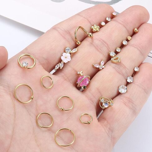 JeryWe 24 قطعة 16 جرام أقراط الغضروف للنساء والرجال الجراحية الصلب الزنمة ثقب المجوهرات الغضروف أقراط هوب هيليكس دايث محارة أقراط ثقب المجوهرات in Kuwait