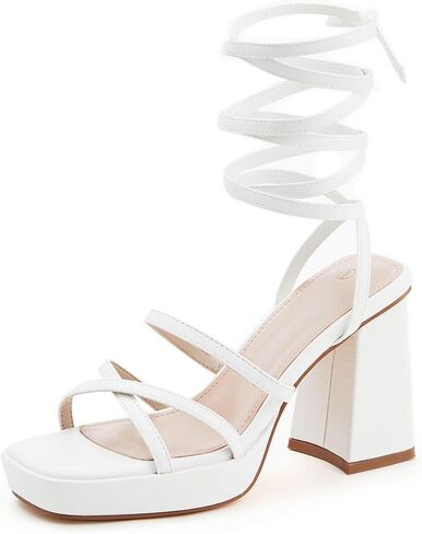 Coutgo Womens Platform Strappy Heels Sandals Sexy Lace Up Chunky Heels Square Toe Summer Dress Shoes in Saudi Arabia