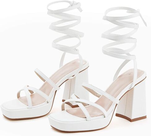 Coutgo Womens Platform Strappy Heels Sandals Sexy Lace Up Chunky Heels Square Toe Summer Dress Shoes in Saudi Arabia