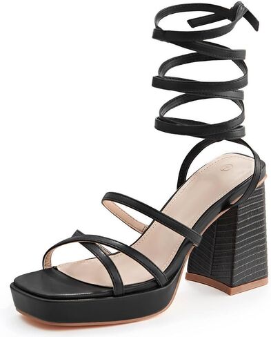 Coutgo Womens Platform Strappy Heels Sandals Sexy Lace Up Chunky Heels Square Toe Summer Dress Shoes in Saudi Arabia