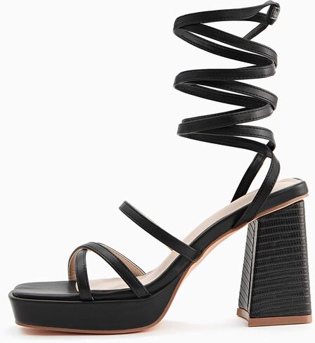 Coutgo Womens Platform Strappy Heels Sandals Sexy Lace Up Chunky Heels Square Toe Summer Dress Shoes in Saudi Arabia