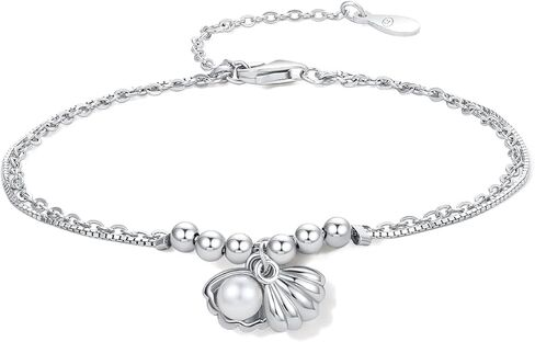 Sterling Silver Bracelets for Womens Freshwater Pearl Bracelet Shell Shaped Bracelet Double Chain Bracelet 16+3cm Dainty Ladies Gifts, Sterling Silver  Silver, Pearl in Kuwait