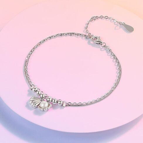 Sterling Silver Bracelets for Womens Freshwater Pearl Bracelet Shell Shaped Bracelet Double Chain Bracelet 16+3cm Dainty Ladies Gifts, Sterling Silver  Silver, Pearl in Kuwait