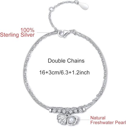 Sterling Silver Bracelets for Womens Freshwater Pearl Bracelet Shell Shaped Bracelet Double Chain Bracelet 16+3cm Dainty Ladies Gifts, Sterling Silver  Silver, Pearl in Kuwait