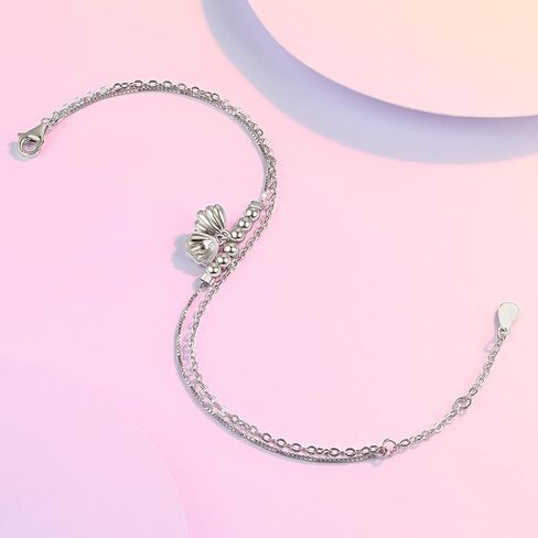 Sterling Silver Bracelets for Womens Freshwater Pearl Bracelet Shell Shaped Bracelet Double Chain Bracelet 16+3cm Dainty Ladies Gifts, Sterling Silver  Silver, Pearl in Kuwait