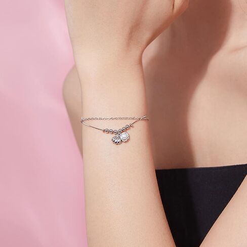 Sterling Silver Bracelets for Womens Freshwater Pearl Bracelet Shell Shaped Bracelet Double Chain Bracelet 16+3cm Dainty Ladies Gifts, Sterling Silver  Silver, Pearl in Kuwait