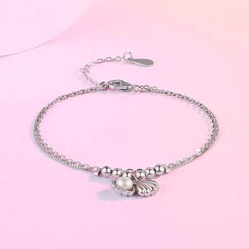 Sterling Silver Bracelets for Womens Freshwater Pearl Bracelet Shell Shaped Bracelet Double Chain Bracelet 16+3cm Dainty Ladies Gifts, Sterling Silver  Silver, Pearl in Kuwait