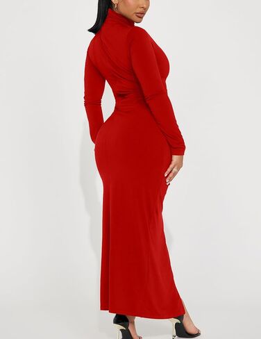 HOCILLE Women's Sexy Long Sleeve Bodycon Casual Turtleneck Party Ruched Slit Maxi Dress in Saudi Arabia