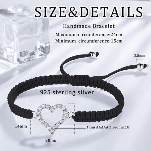 J.Endéar سوار قلب الحب للنساء الفتيات، سوار الزركون المكعب على شكل قلب أنيق مصنوع يدويًا من الفضة الاسترليني والمجوهرات للسيدات قابل للتعديل 16+8 سم in Kuwait