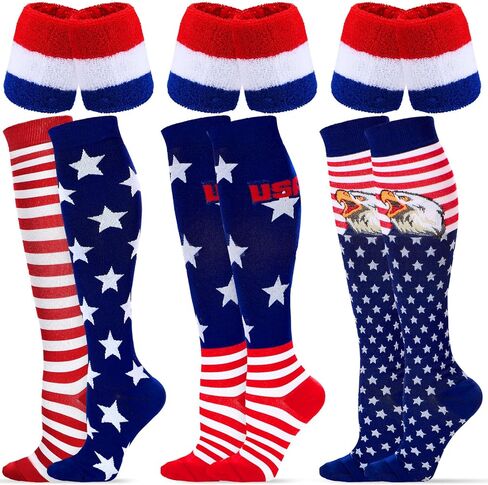 Cindeer 3 Pairs Independence Day American Flag Knee High Socks Patriotic Stars USA Socks 6 Striped Wristbands for Men Women in Saudi Arabia