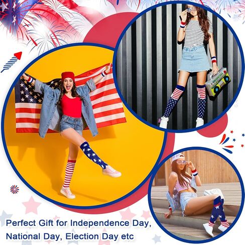 Cindeer 3 Pairs Independence Day American Flag Knee High Socks Patriotic Stars USA Socks 6 Striped Wristbands for Men Women in Saudi Arabia