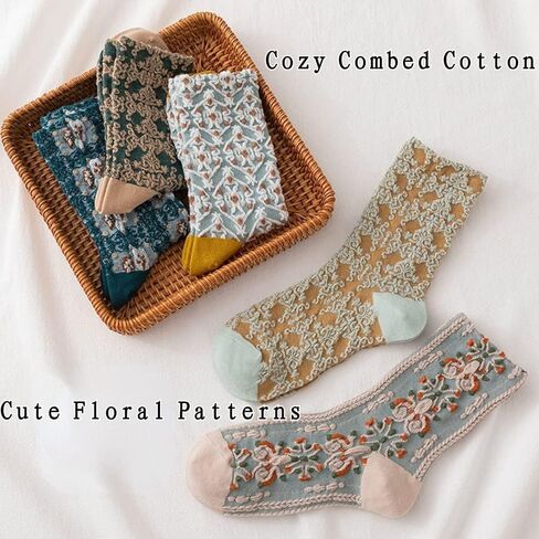 Women’s Crew Socks Soft Cotton Aesthetic Calf Cute Socks with Knitting Floral Pattern 3/5/10-Pairs in Saudi Arabia