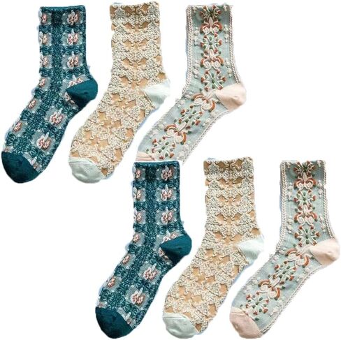 Women’s Crew Socks Soft Cotton Aesthetic Calf Cute Socks with Knitting Floral Pattern 3/5/10-Pairs in Saudi Arabia