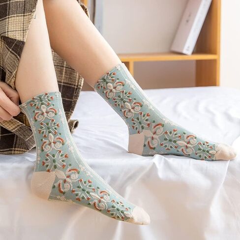 Women’s Crew Socks Soft Cotton Aesthetic Calf Cute Socks with Knitting Floral Pattern 3/5/10-Pairs in Saudi Arabia