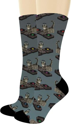 ThisWear Funny Animal Socks Cat DJ Socks DJ Cat Gifts Turntable Socks for Music Lovers Cat Novelty Crew Socks in Saudi Arabia