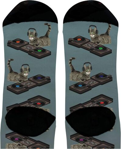 ThisWear Funny Animal Socks Cat DJ Socks DJ Cat Gifts Turntable Socks for Music Lovers Cat Novelty Crew Socks in Saudi Arabia